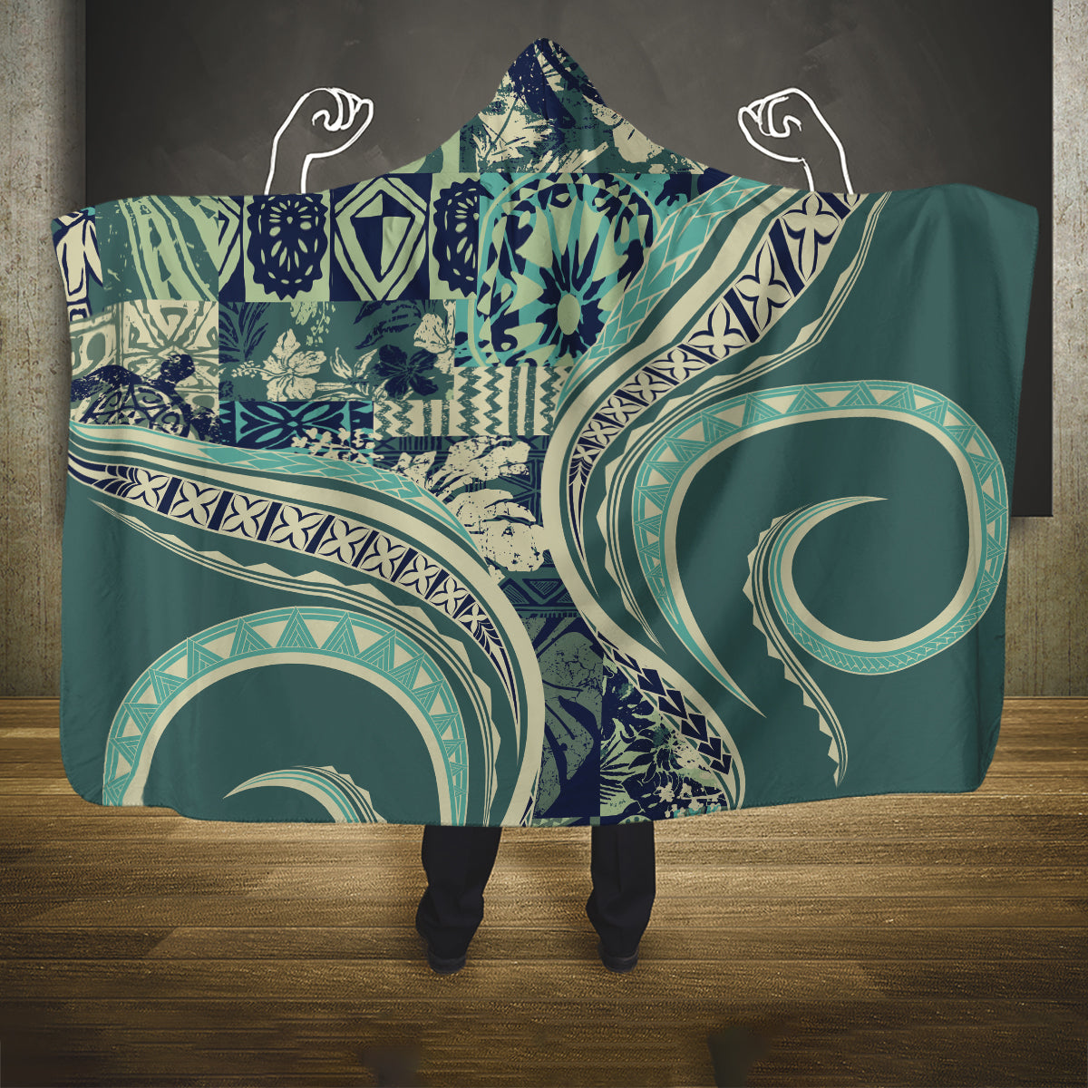 Hawaiian Hibiscus Tribal Vintage Motif Hooded Blanket Ver 1 LT9 One Size Sea Green - Polynesian Pride