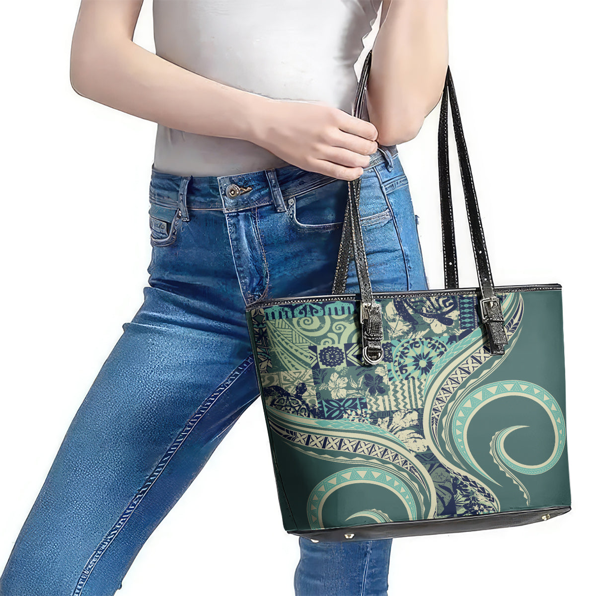 Hawaiian Hibiscus Tribal Vintage Motif Leather Tote Bag Ver 1 LT9 - Polynesian Pride