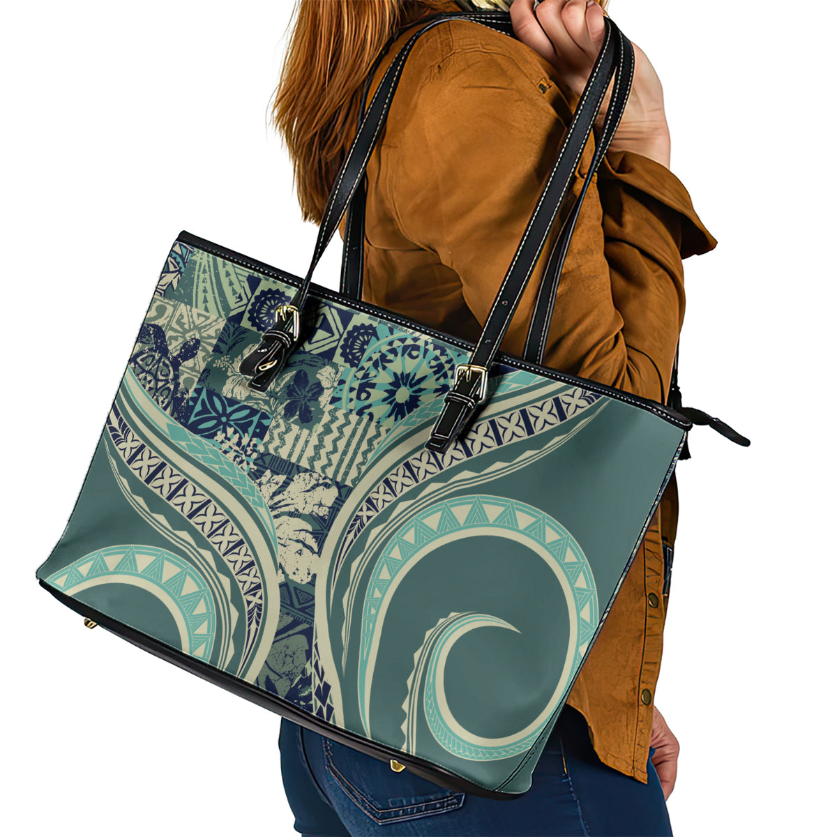Hawaiian Hibiscus Tribal Vintage Motif Leather Tote Bag Ver 1 LT9 - Polynesian Pride