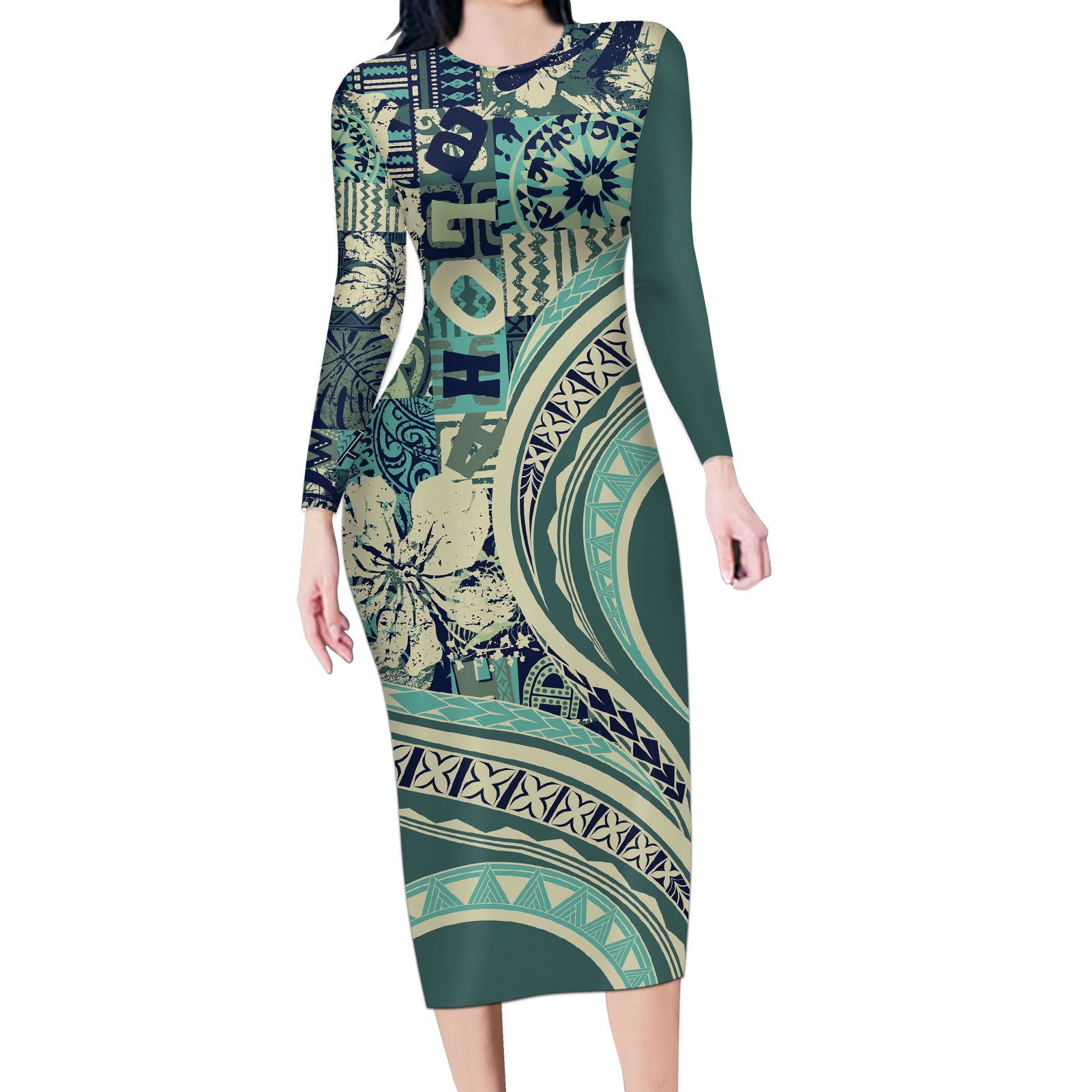 Hawaiian Hibiscus Tribal Vintage Motif Long Sleeve Bodycon Dress Ver 1