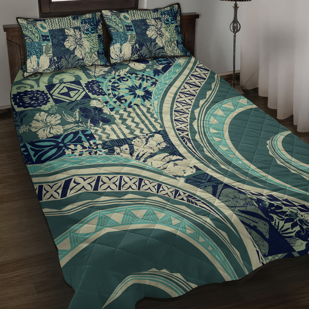 Hawaiian Hibiscus Tribal Vintage Motif Quilt Bed Set Ver 1 LT9 Sea Green - Polynesian Pride