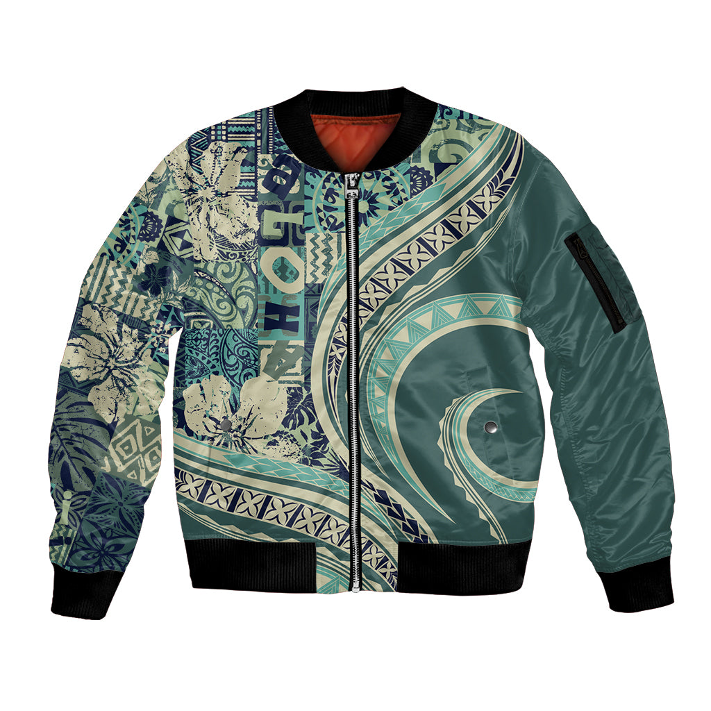 Hawaiian Hibiscus Tribal Vintage Motif Sleeve Zip Bomber Jacket Ver 1 LT9 Unisex Sea Green - Polynesian Pride