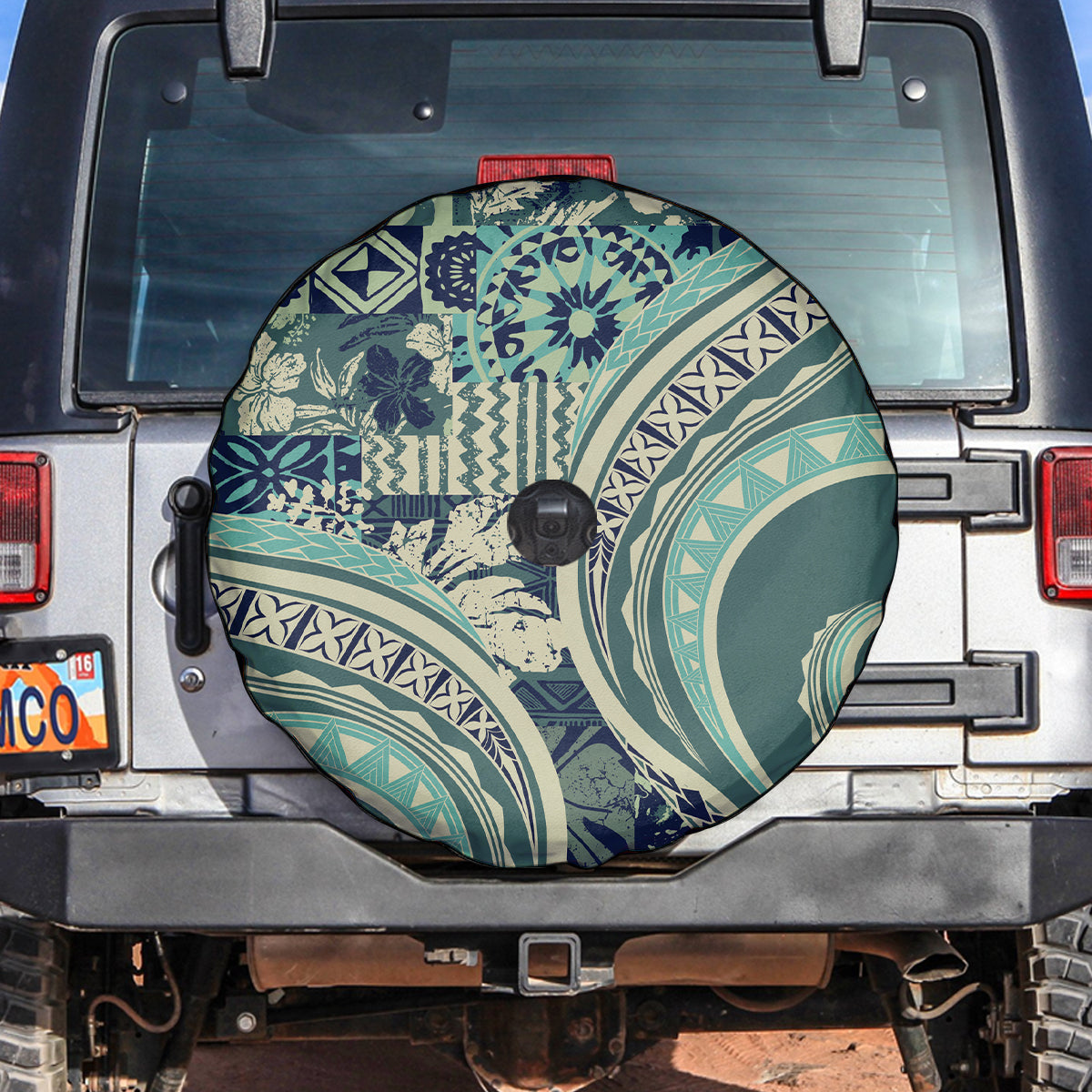 Hawaiian Hibiscus Tribal Vintage Motif Spare Tire Cover Ver 1 LT9 Sea Green - Polynesian Pride