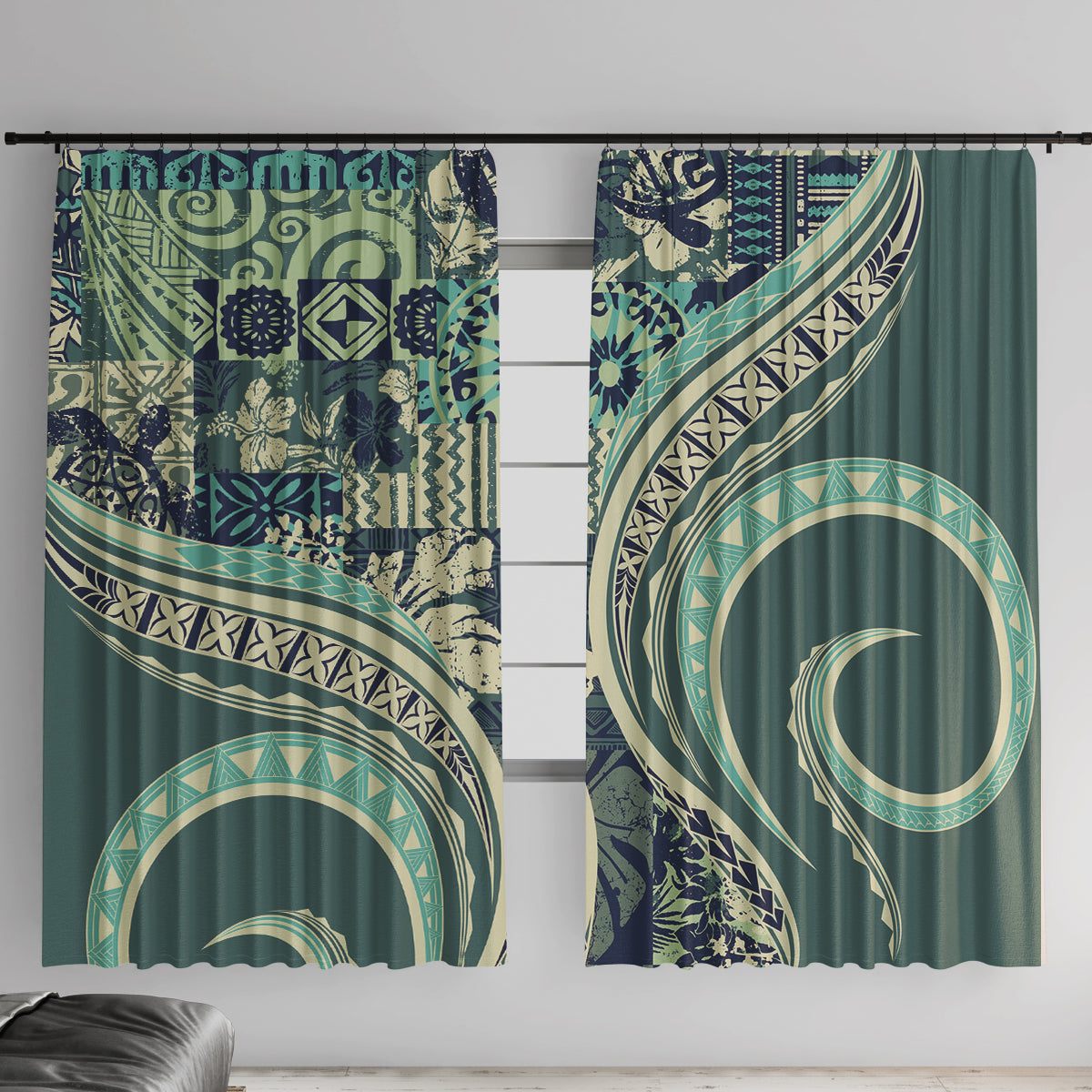 Hawaiian Hibiscus Tribal Vintage Motif Window Curtain Ver 1 LT9 With Hooks Sea Green - Polynesian Pride