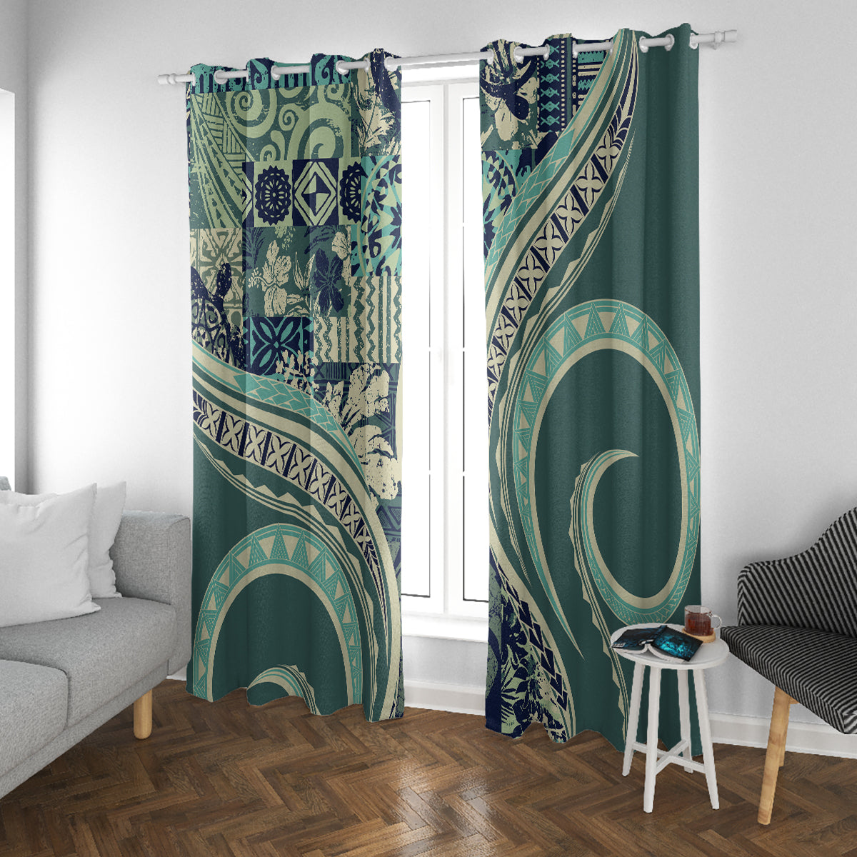 Hawaiian Hibiscus Tribal Vintage Motif Window Curtain Ver 1 LT9 With Grommets Sea Green - Polynesian Pride
