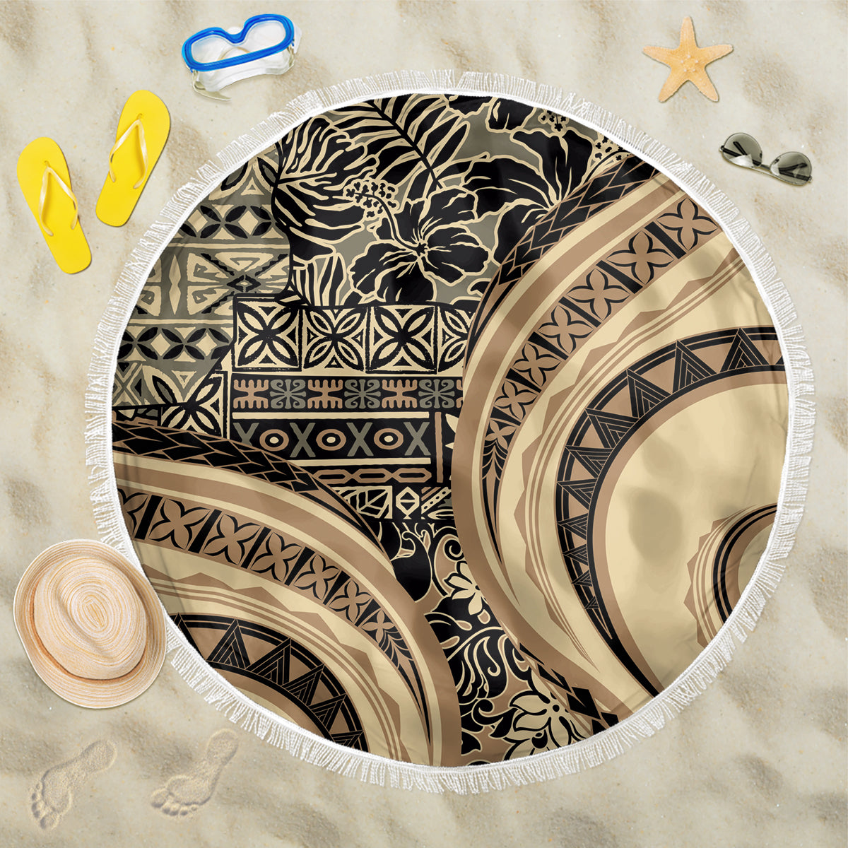 Hawaiian Hibiscus Tribal Vintage Motif Beach Blanket Ver 2 LT9 One Size 150cm Beige - Polynesian Pride