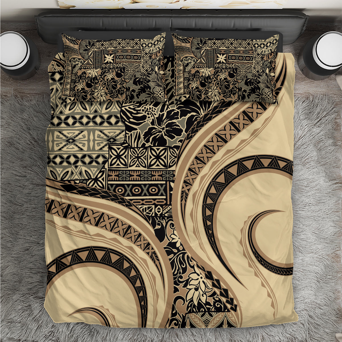 Hawaiian Hibiscus Tribal Vintage Motif Bedding Set Ver 2 LT9 Beige - Polynesian Pride