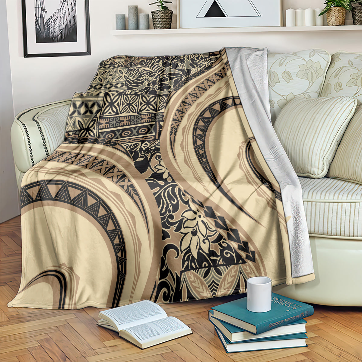 Hawaiian Hibiscus Tribal Vintage Motif Blanket Ver 2 LT9 Beige - Polynesian Pride