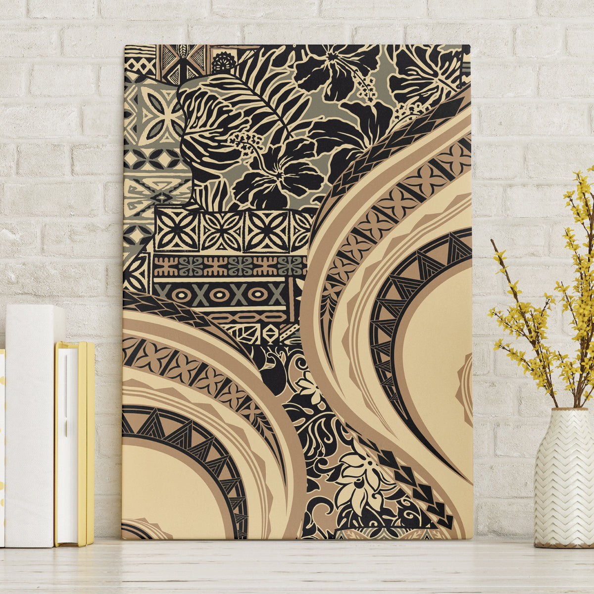 Hawaiian Hibiscus Tribal Vintage Motif Canvas Wall Art Ver 2 LT9 Without Frame Beige - Polynesian Pride