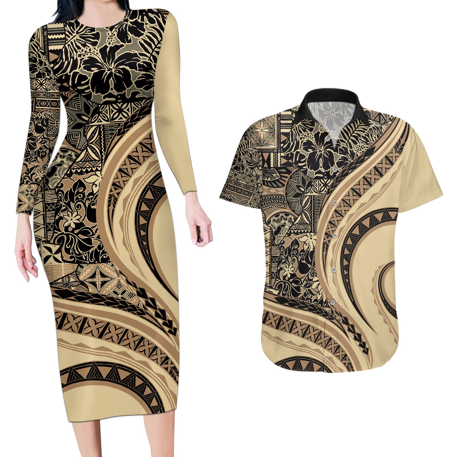 Hawaiian Hibiscus Tribal Vintage Motif Couples Matching Long Sleeve Bodycon Dress and Hawaiian Shirt Ver 2 LT9 Beige - Polynesian Pride