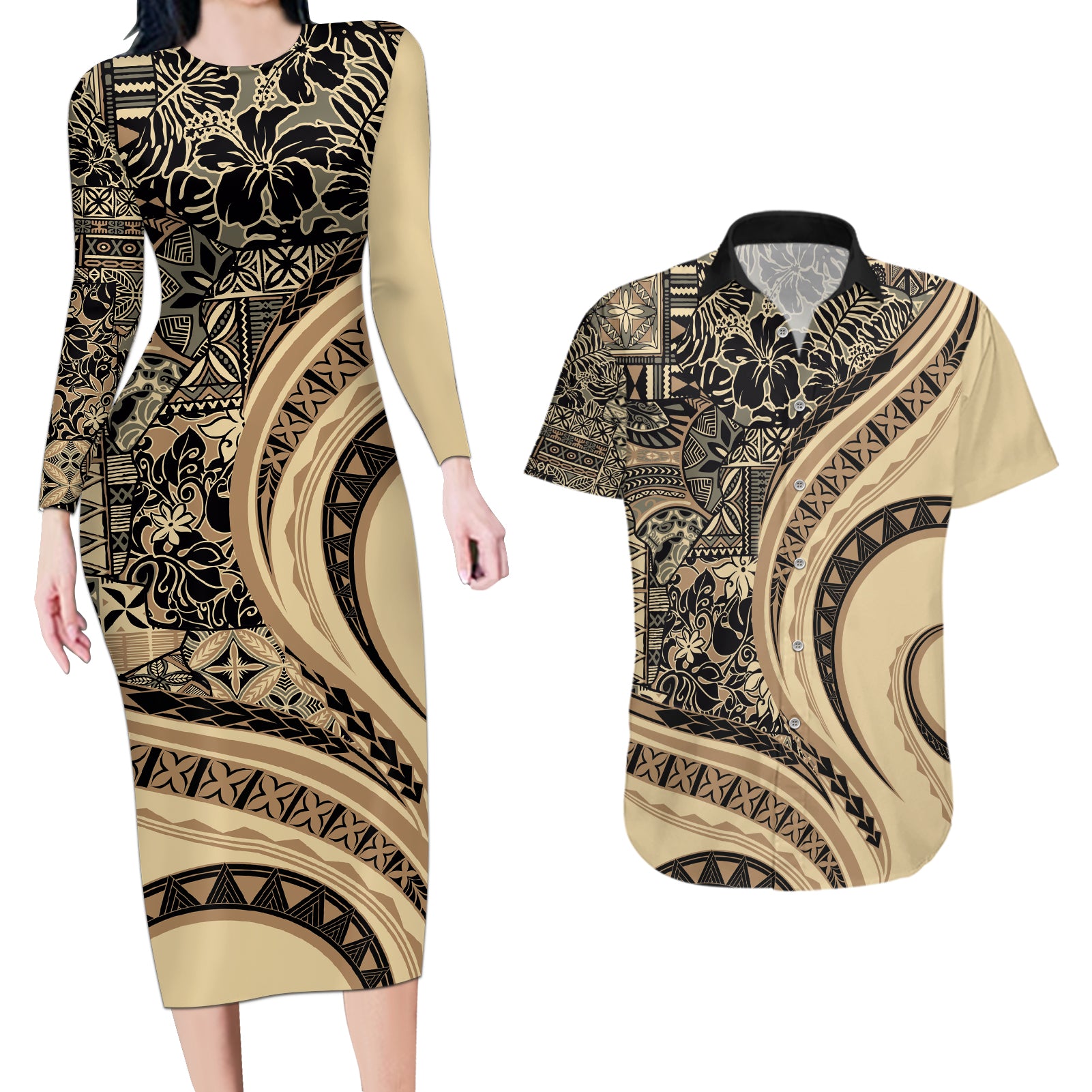 Hawaiian Hibiscus Tribal Vintage Motif Couples Matching Long Sleeve Bodycon Dress and Hawaiian Shirt Ver 2