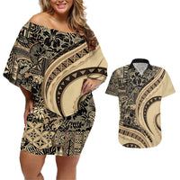 Hawaiian Hibiscus Tribal Vintage Motif Couples Matching Off Shoulder Short Dress and Hawaiian Shirt Ver 2