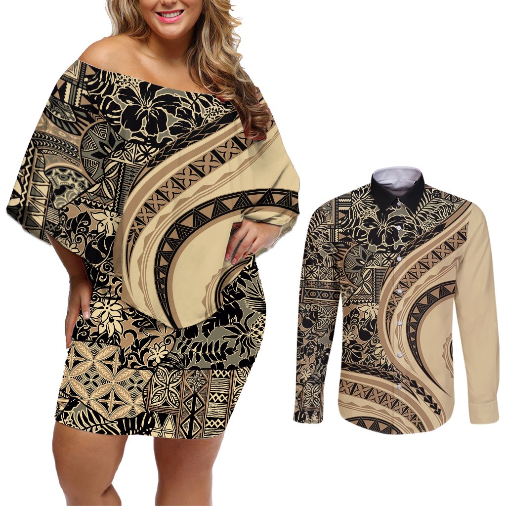 Hawaiian Hibiscus Tribal Vintage Motif Couples Matching Off Shoulder Short Dress and Long Sleeve Button Shirt Ver 2 LT9 Beige - Polynesian Pride