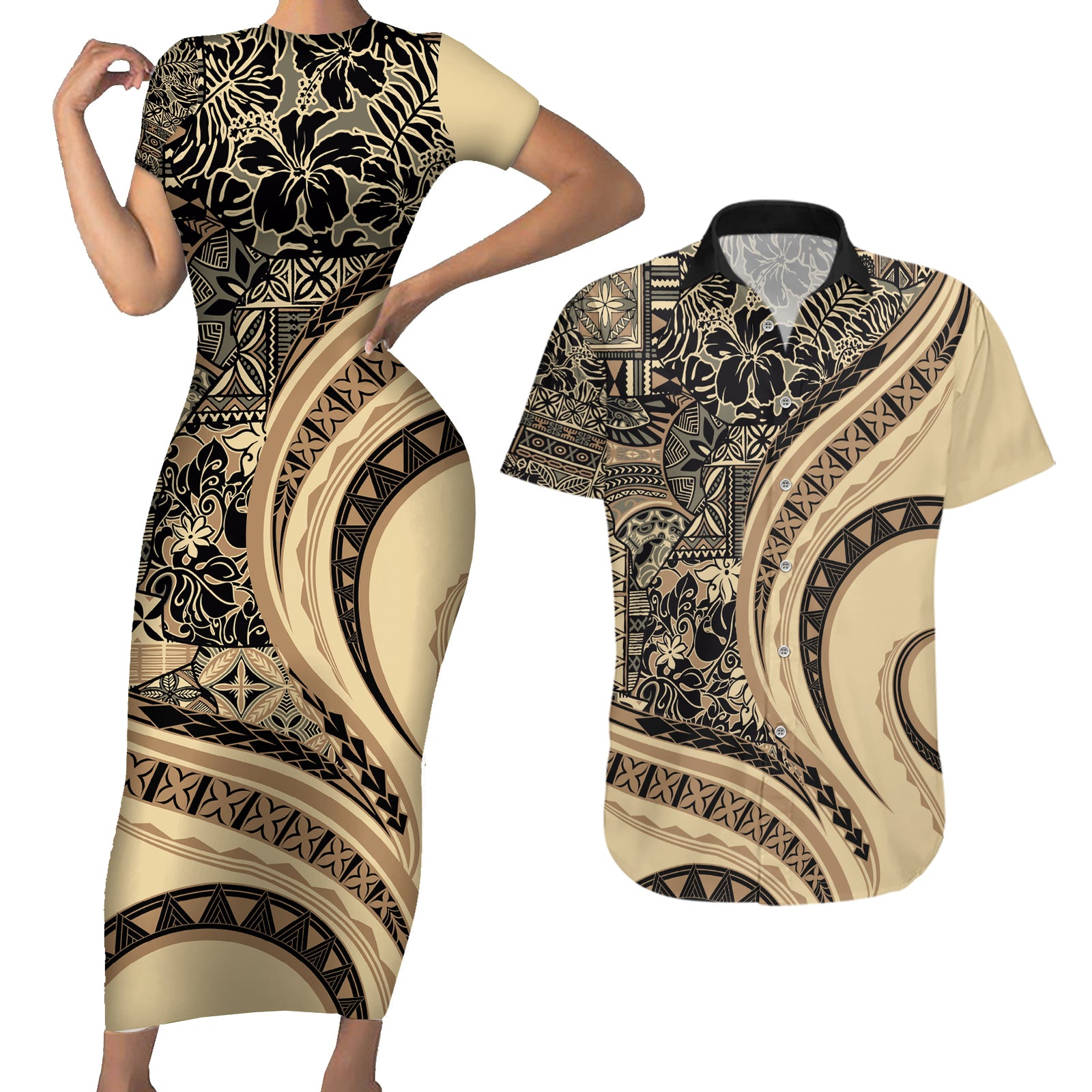 Hawaiian Hibiscus Tribal Vintage Motif Couples Matching Short Sleeve Bodycon Dress and Hawaiian Shirt Ver 2 LT9 Beige - Polynesian Pride