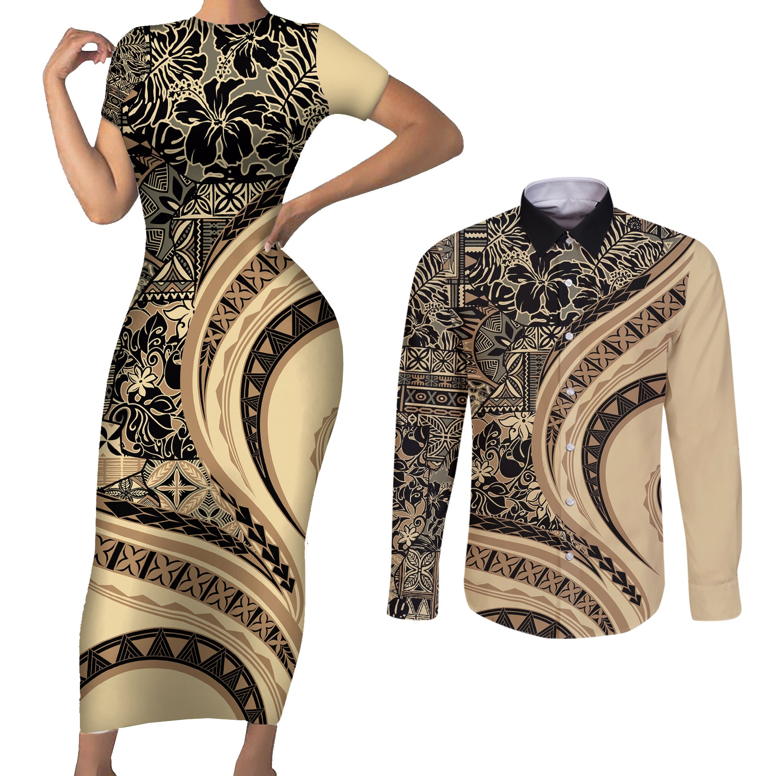 Hawaiian Hibiscus Tribal Vintage Motif Couples Matching Short Sleeve Bodycon Dress and Long Sleeve Button Shirt Ver 2 LT9 Beige - Polynesian Pride