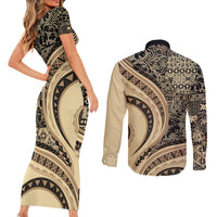 Hawaiian Hibiscus Tribal Vintage Motif Couples Matching Short Sleeve Bodycon Dress and Long Sleeve Button Shirt Ver 2