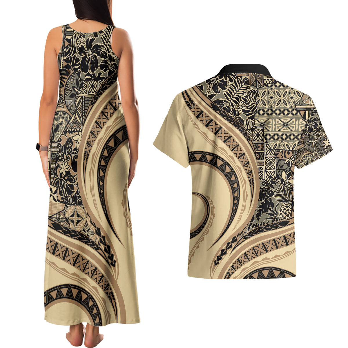 Hawaiian Hibiscus Tribal Vintage Motif Couples Matching Tank Maxi Dress and Hawaiian Shirt Ver 2
