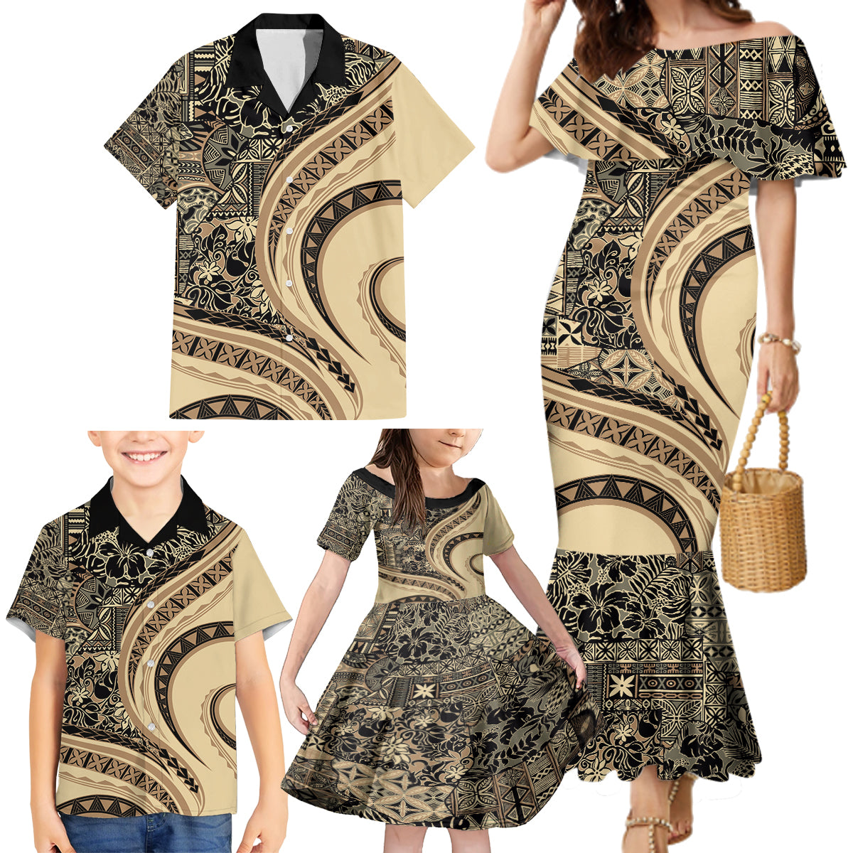 Hawaiian Hibiscus Tribal Vintage Motif Family Matching Mermaid Dress and Hawaiian Shirt Ver 2 LT9 - Polynesian Pride