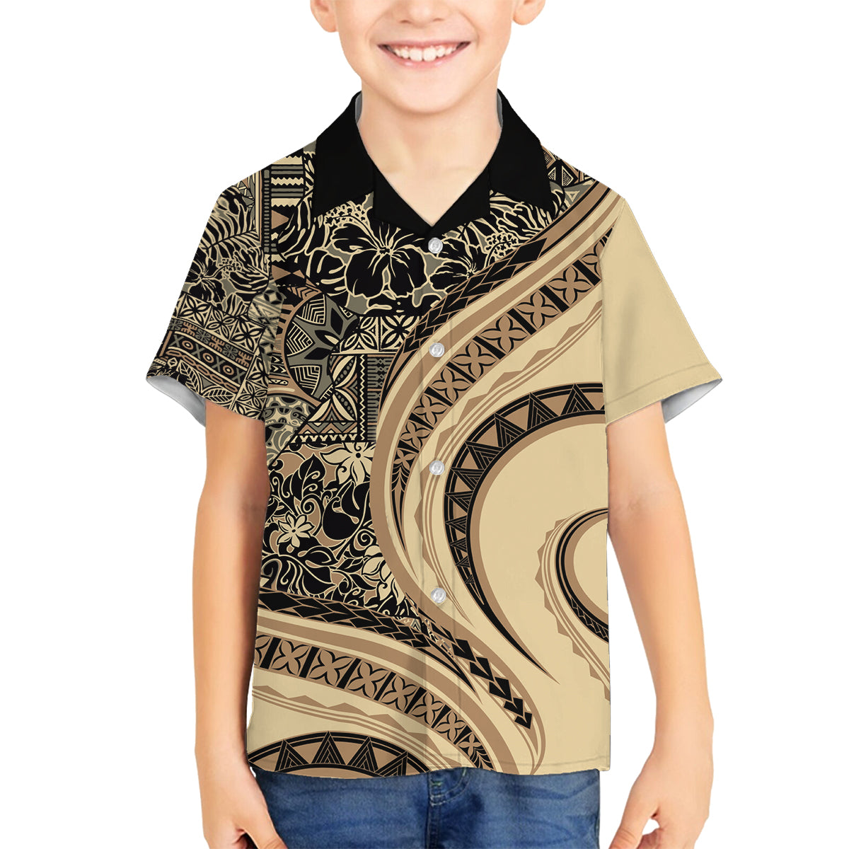 Hawaiian Hibiscus Tribal Vintage Motif Family Matching Off The Shoulder Long Sleeve Dress and Hawaiian Shirt Ver 2 LT9 Son's Shirt Beige - Polynesian Pride