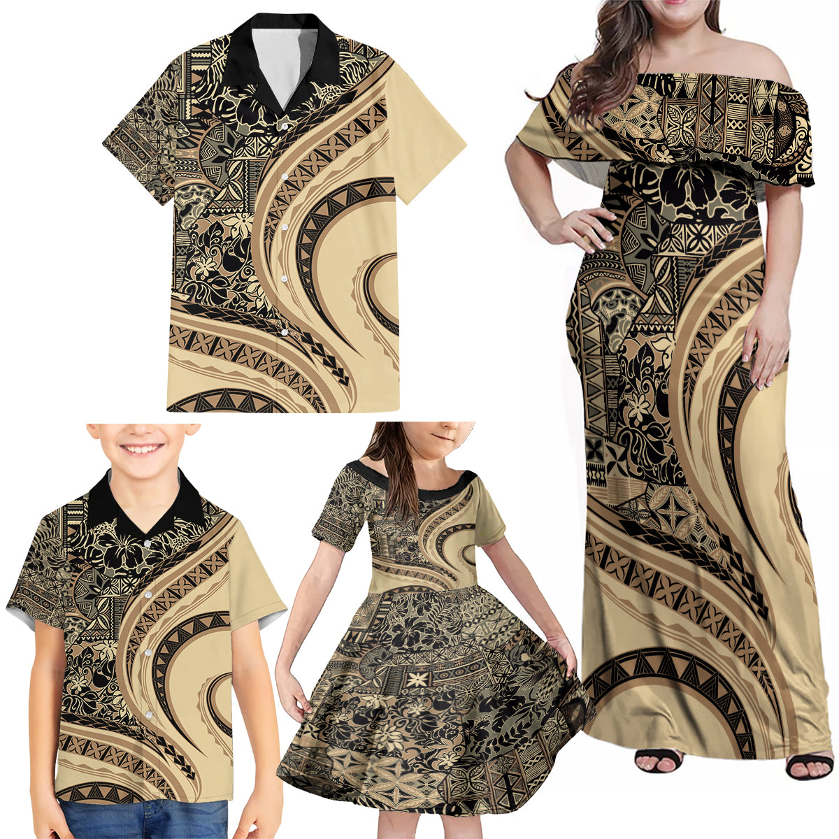 Hawaiian Hibiscus Tribal Vintage Motif Family Matching Off Shoulder Maxi Dress and Hawaiian Shirt Ver 2