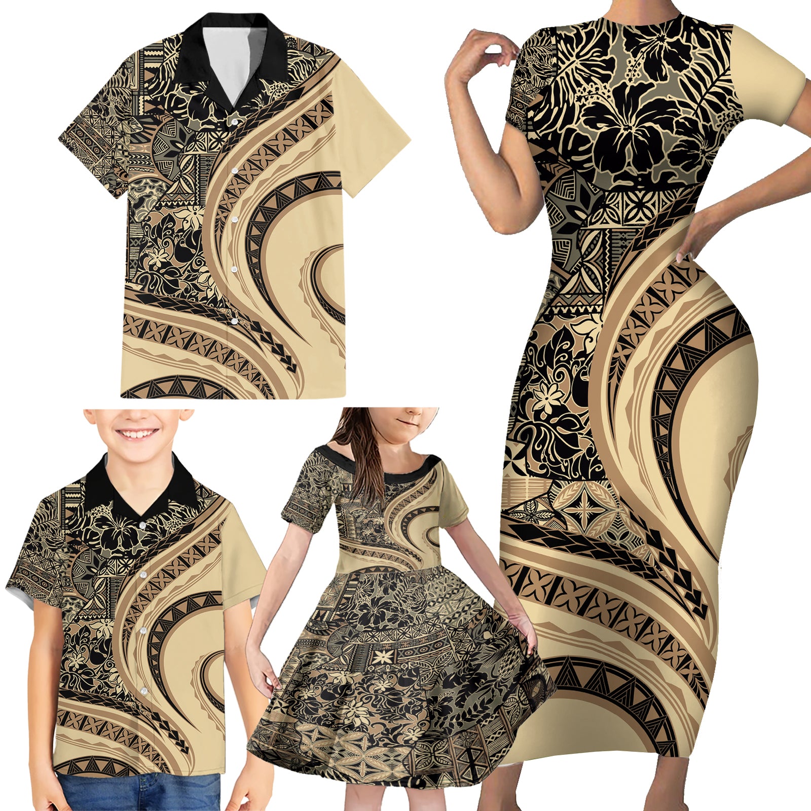 Hawaiian Hibiscus Tribal Vintage Motif Family Matching Short Sleeve Bodycon Dress and Hawaiian Shirt Ver 2 LT9 - Polynesian Pride