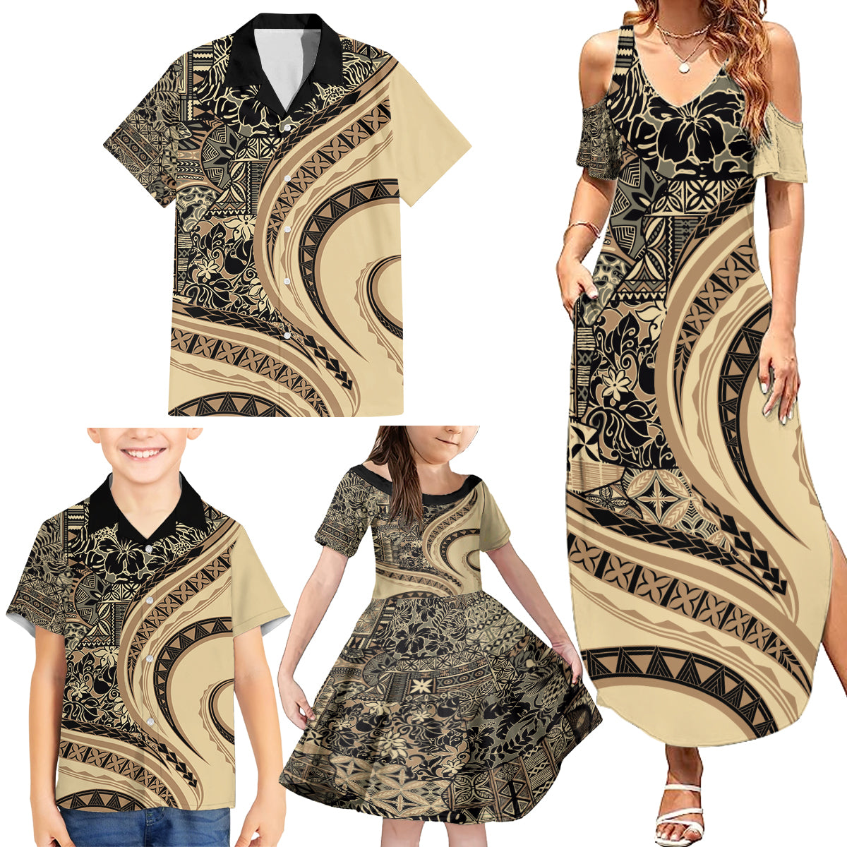 Hawaiian Hibiscus Tribal Vintage Motif Family Matching Summer Maxi Dress and Hawaiian Shirt Ver 2 LT9 - Polynesian Pride