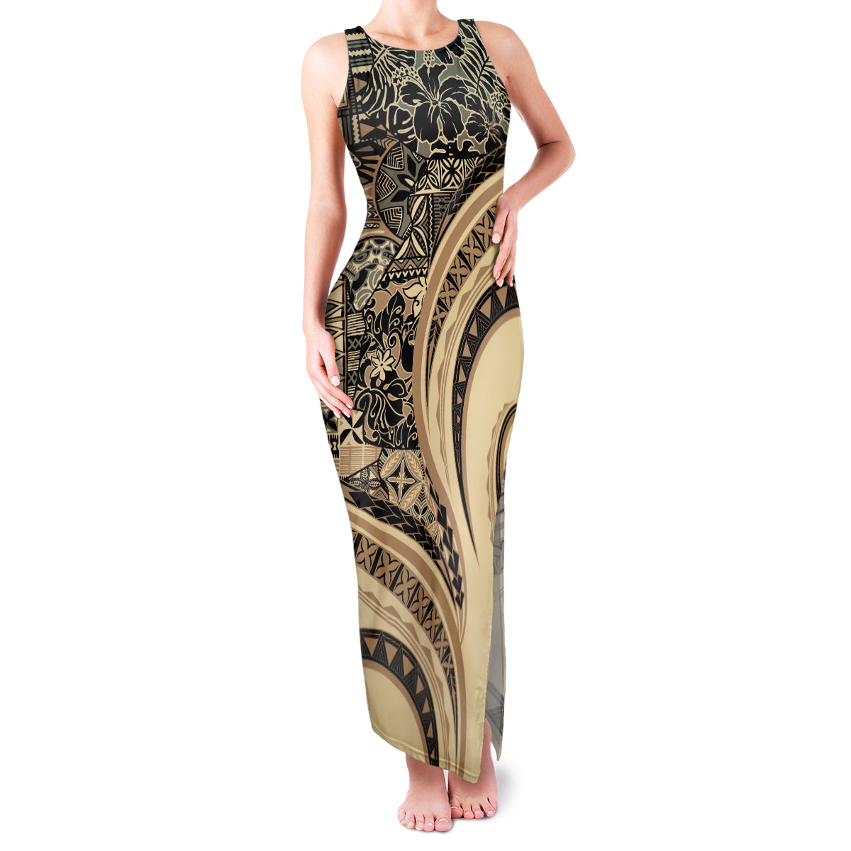 Hawaiian Hibiscus Tribal Vintage Motif Family Matching Tank Maxi Dress and Hawaiian Shirt Ver 2