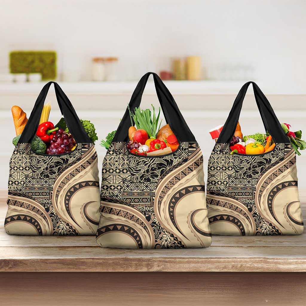 Hawaiian Hibiscus Tribal Vintage Motif Grocery Bag Ver 2 LT9 3-pack One Size Beige - Polynesian Pride