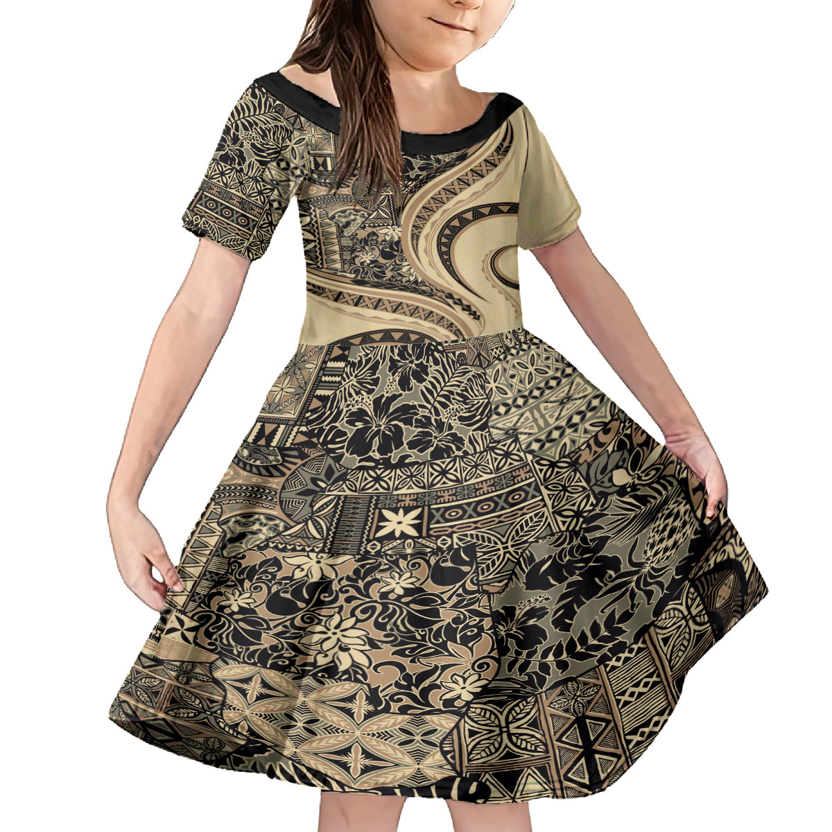 Hawaiian Hibiscus Tribal Vintage Motif Kid Short Sleeve Dress Ver 2 LT9 KID Beige - Polynesian Pride