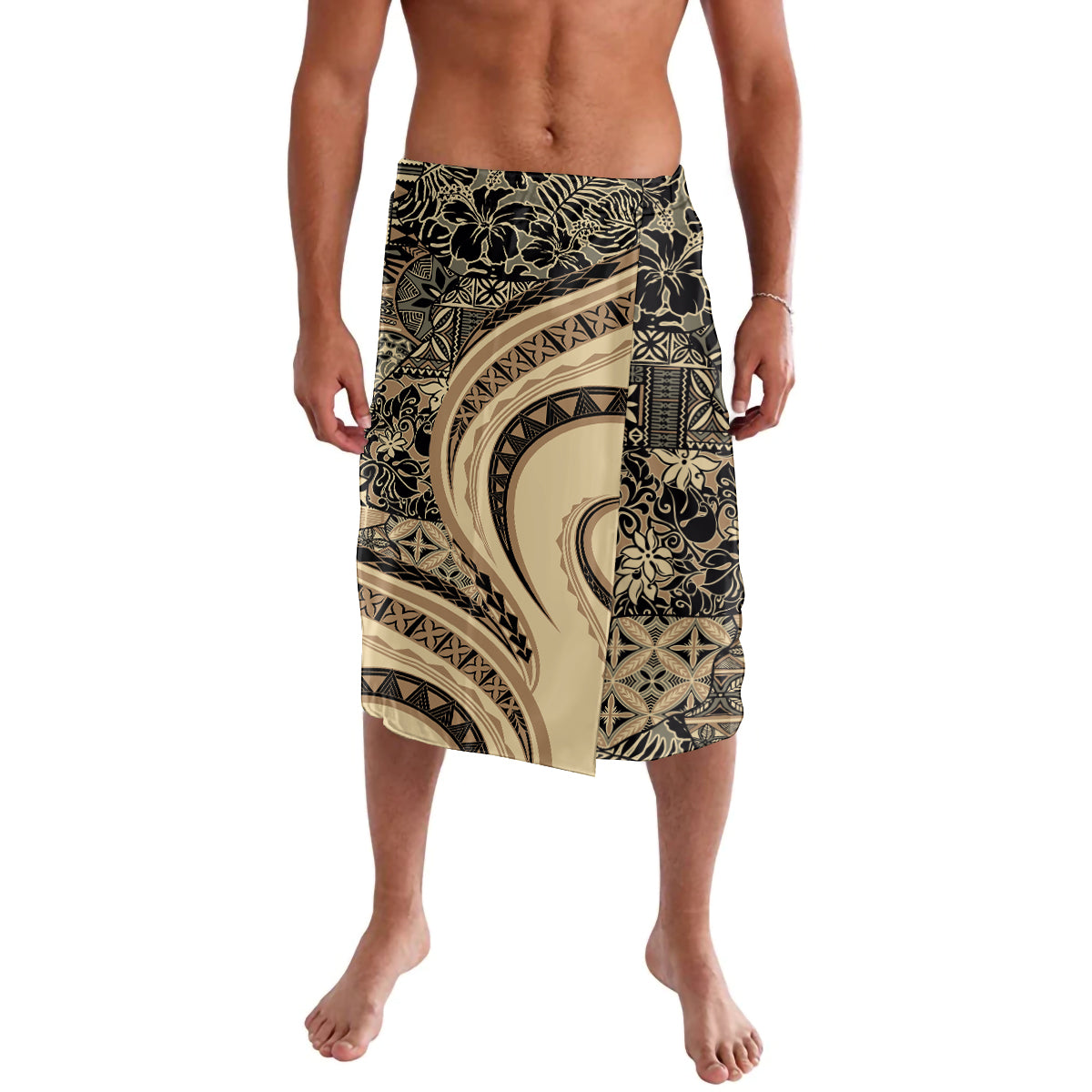 Hawaiian Hibiscus Tribal Vintage Motif Lavalava Ver 2 LT9 Beige - Polynesian Pride