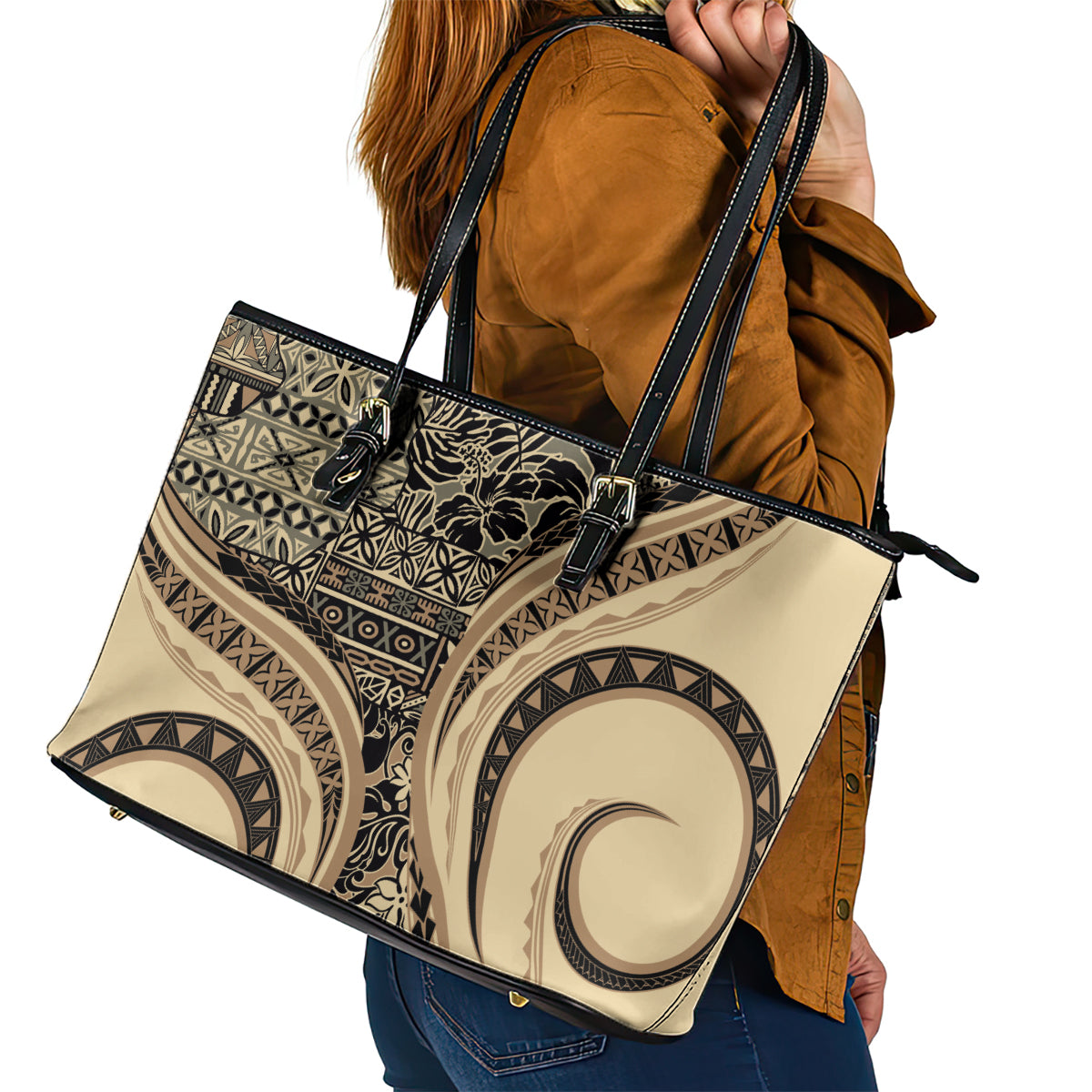 Hawaiian Hibiscus Tribal Vintage Motif Leather Tote Bag Ver 2 LT9 - Polynesian Pride