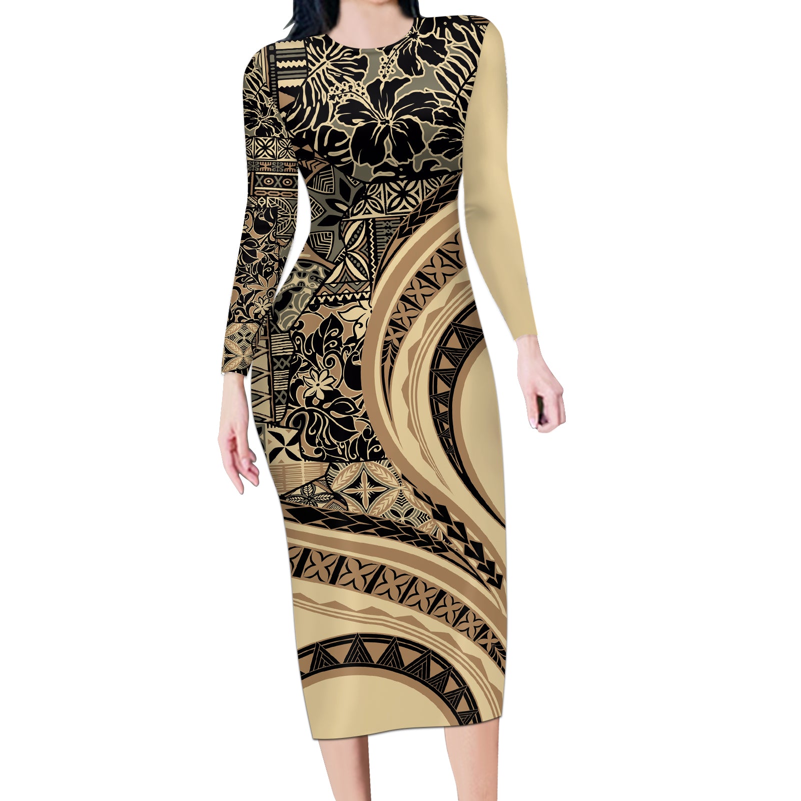 Hawaiian Hibiscus Tribal Vintage Motif Long Sleeve Bodycon Dress Ver 2