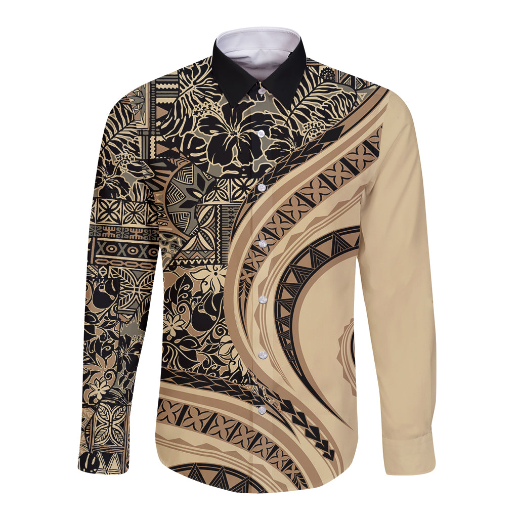 Hawaiian Hibiscus Tribal Vintage Motif Long Sleeve Button Shirt Ver 2