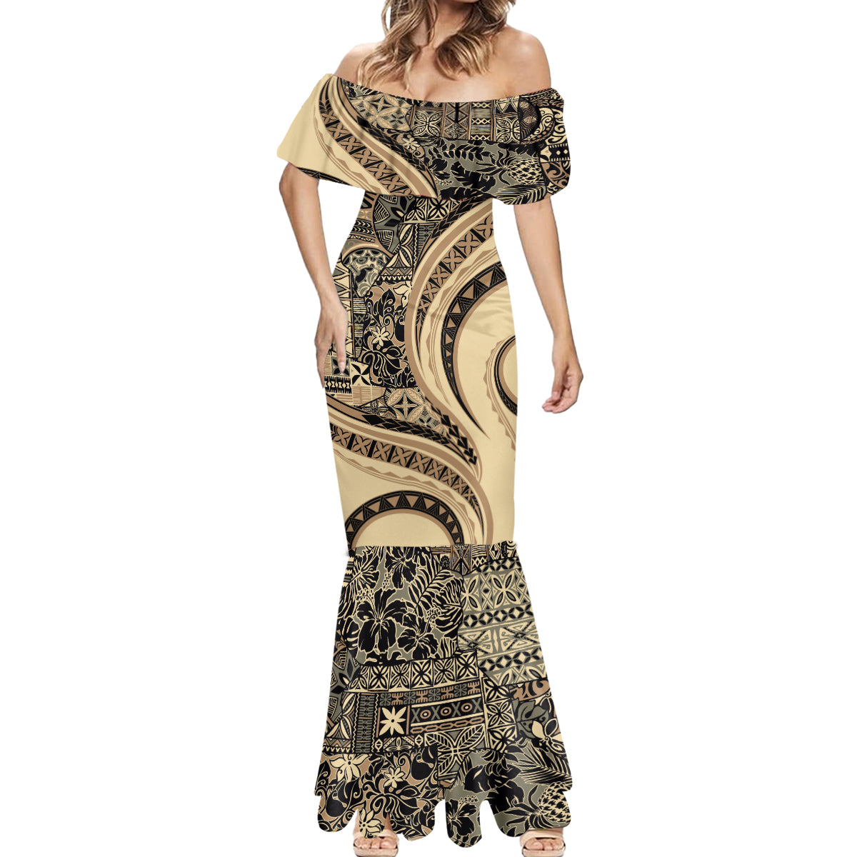 Hawaiian Hibiscus Tribal Vintage Motif Mermaid Dress Ver 2