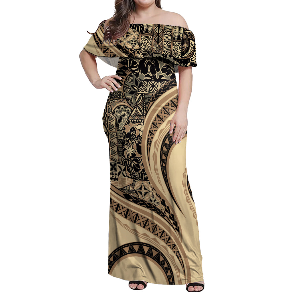 Hawaiian Hibiscus Tribal Vintage Motif Off Shoulder Maxi Dress Ver 2 LT9 Women Beige - Polynesian Pride