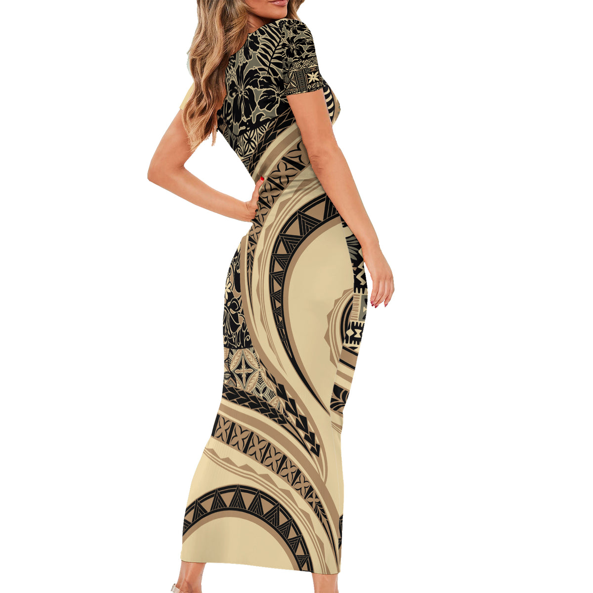 Hawaiian Hibiscus Tribal Vintage Motif Short Sleeve Bodycon Dress Ver 2