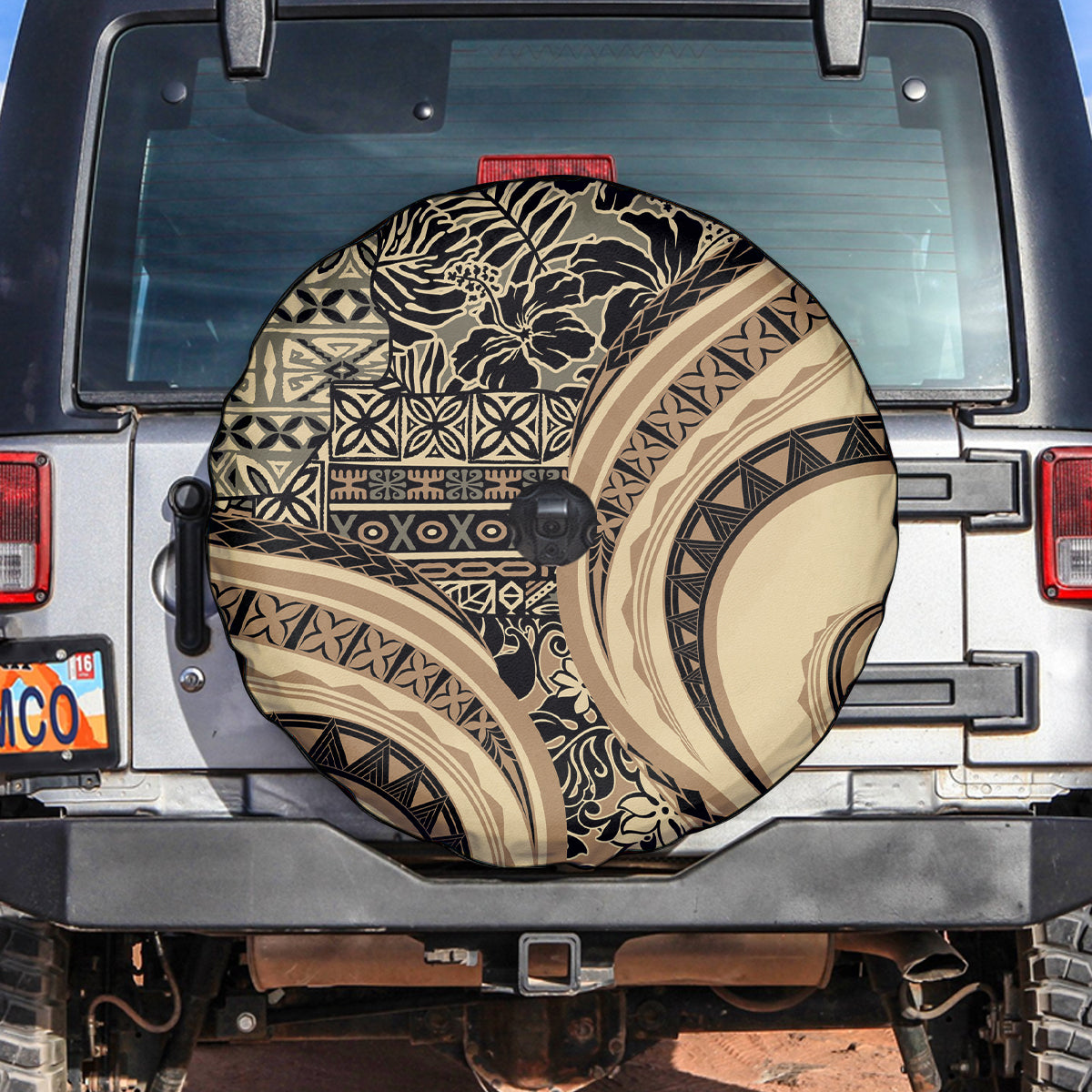 Hawaiian Hibiscus Tribal Vintage Motif Spare Tire Cover Ver 2 LT9 Beige - Polynesian Pride