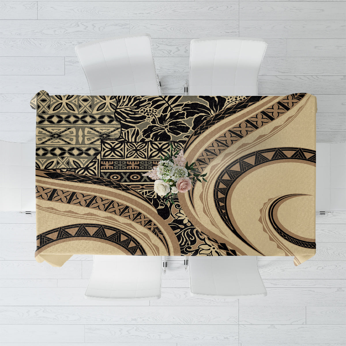 Hawaiian Hibiscus Tribal Vintage Motif Tablecloth Ver 2 LT9 Beige - Polynesian Pride