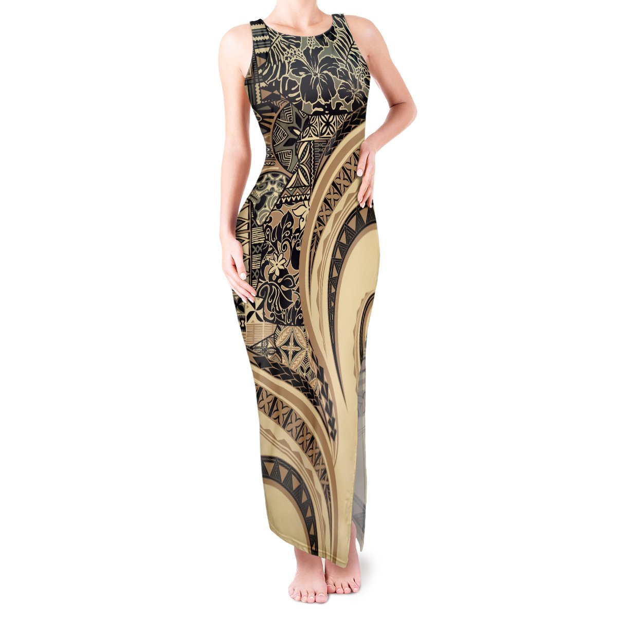Hawaiian Hibiscus Tribal Vintage Motif Tank Maxi Dress Ver 2 LT9 Women Beige - Polynesian Pride
