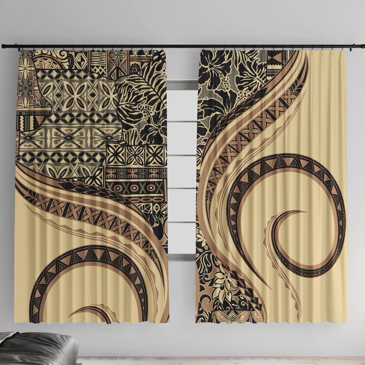 Hawaiian Hibiscus Tribal Vintage Motif Window Curtain Ver 2 LT9 With Hooks Beige - Polynesian Pride