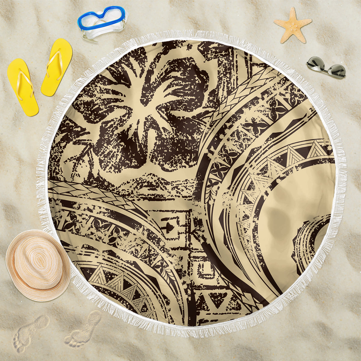 Hawaiian Hibiscus Tribal Vintage Motif Beach Blanket Ver 3 LT9 One Size 150cm Beige - Polynesian Pride