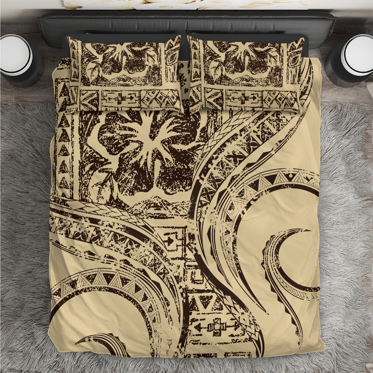 Hawaiian Hibiscus Tribal Vintage Motif Bedding Set Ver 3 LT9 Beige - Polynesian Pride
