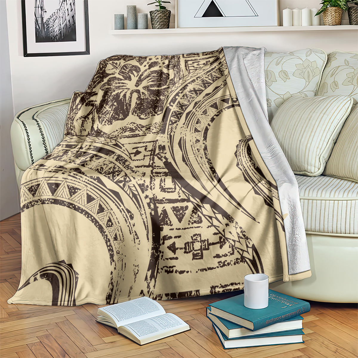 Hawaiian Hibiscus Tribal Vintage Motif Blanket Ver 3 LT9 Beige - Polynesian Pride