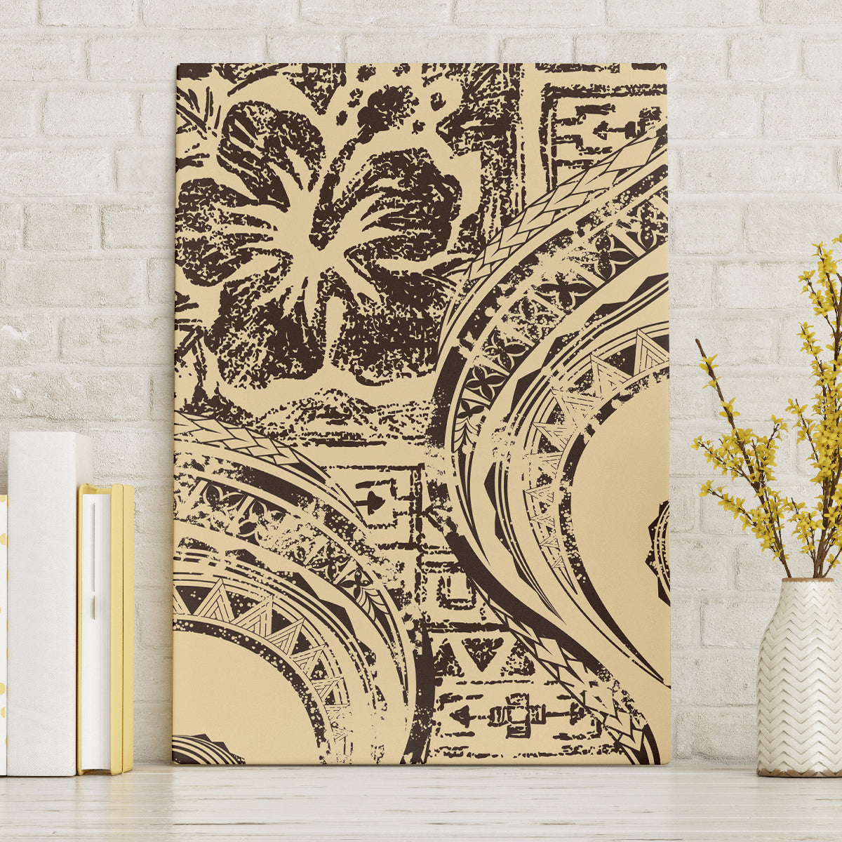 Hawaiian Hibiscus Tribal Vintage Motif Canvas Wall Art Ver 3 LT9 Without Frame Beige - Polynesian Pride