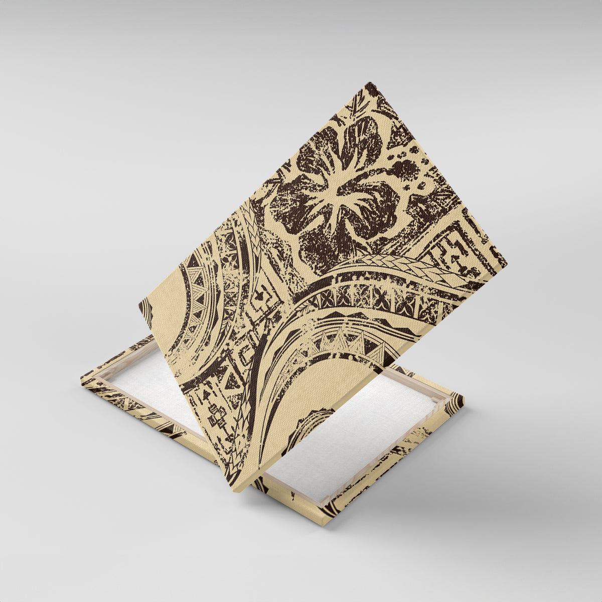 Hawaiian Hibiscus Tribal Vintage Motif Canvas Wall Art Ver 3 LT9 With Frame Beige - Polynesian Pride