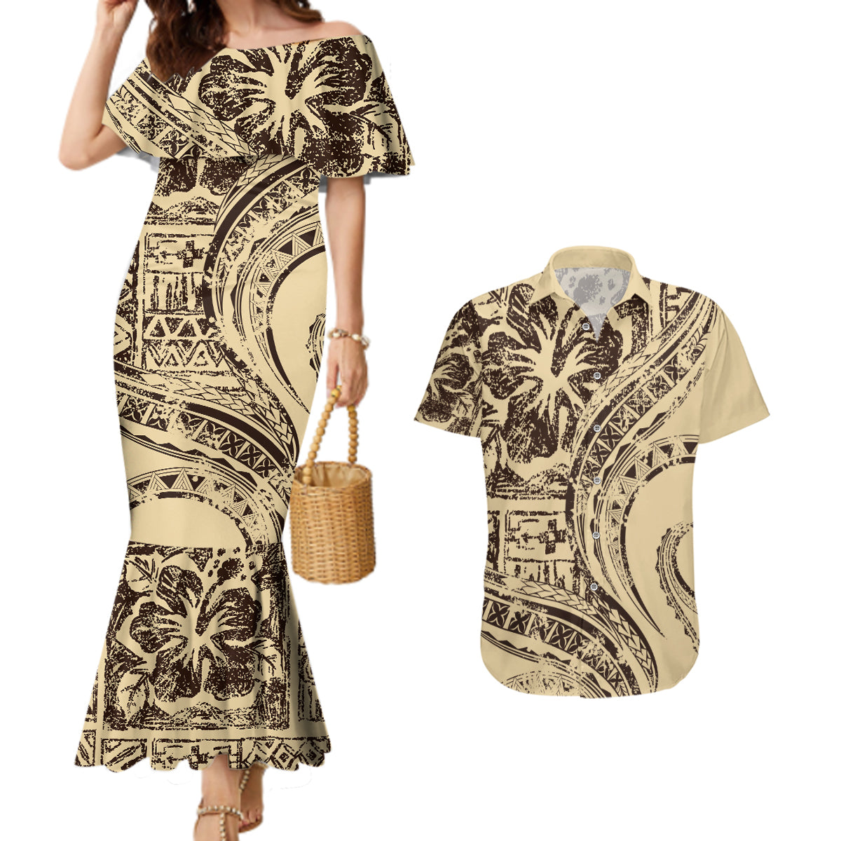 Hawaiian Hibiscus Tribal Vintage Motif Couples Matching Mermaid Dress and Hawaiian Shirt Ver 3