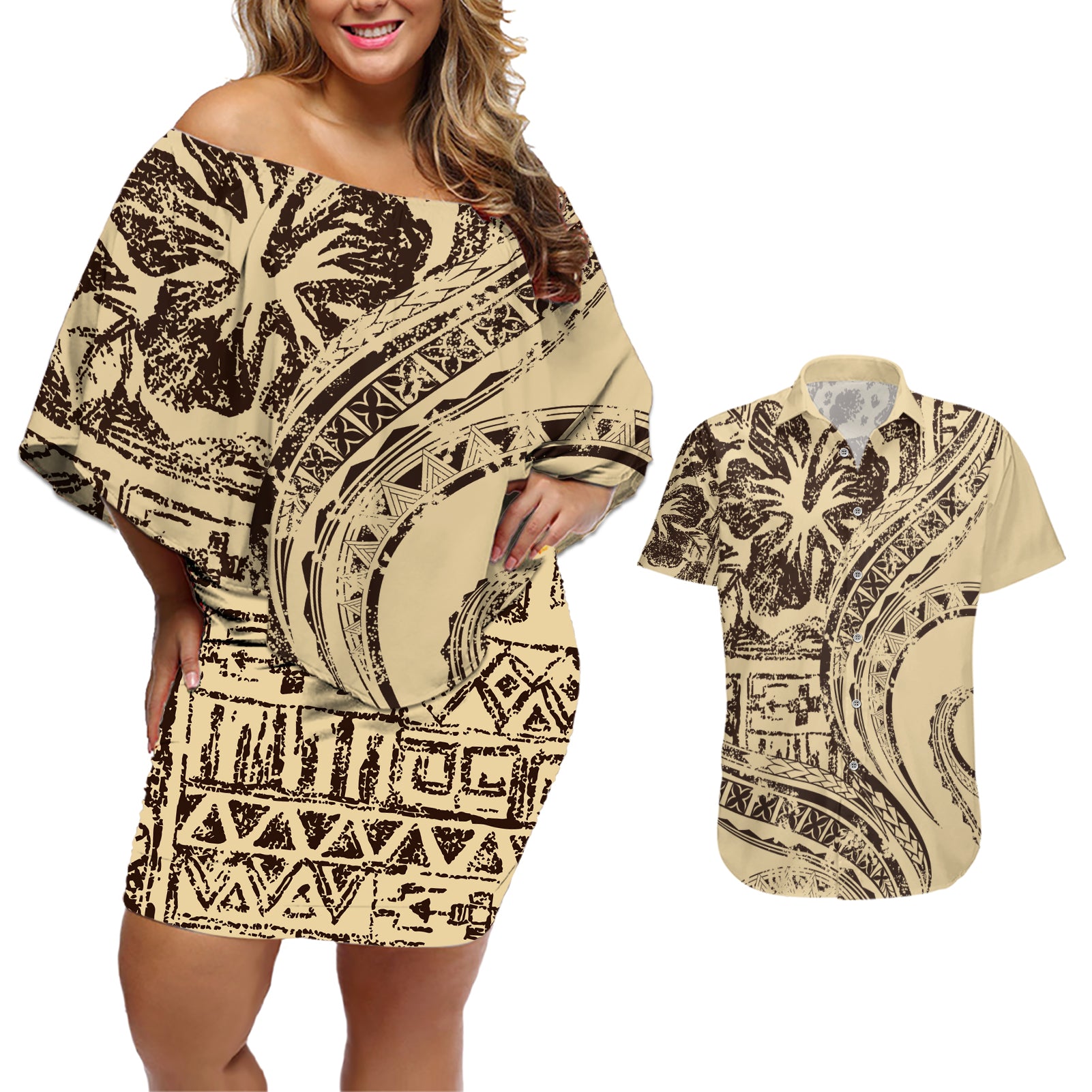 Hawaiian Hibiscus Tribal Vintage Motif Couples Matching Off Shoulder Short Dress and Hawaiian Shirt Ver 3