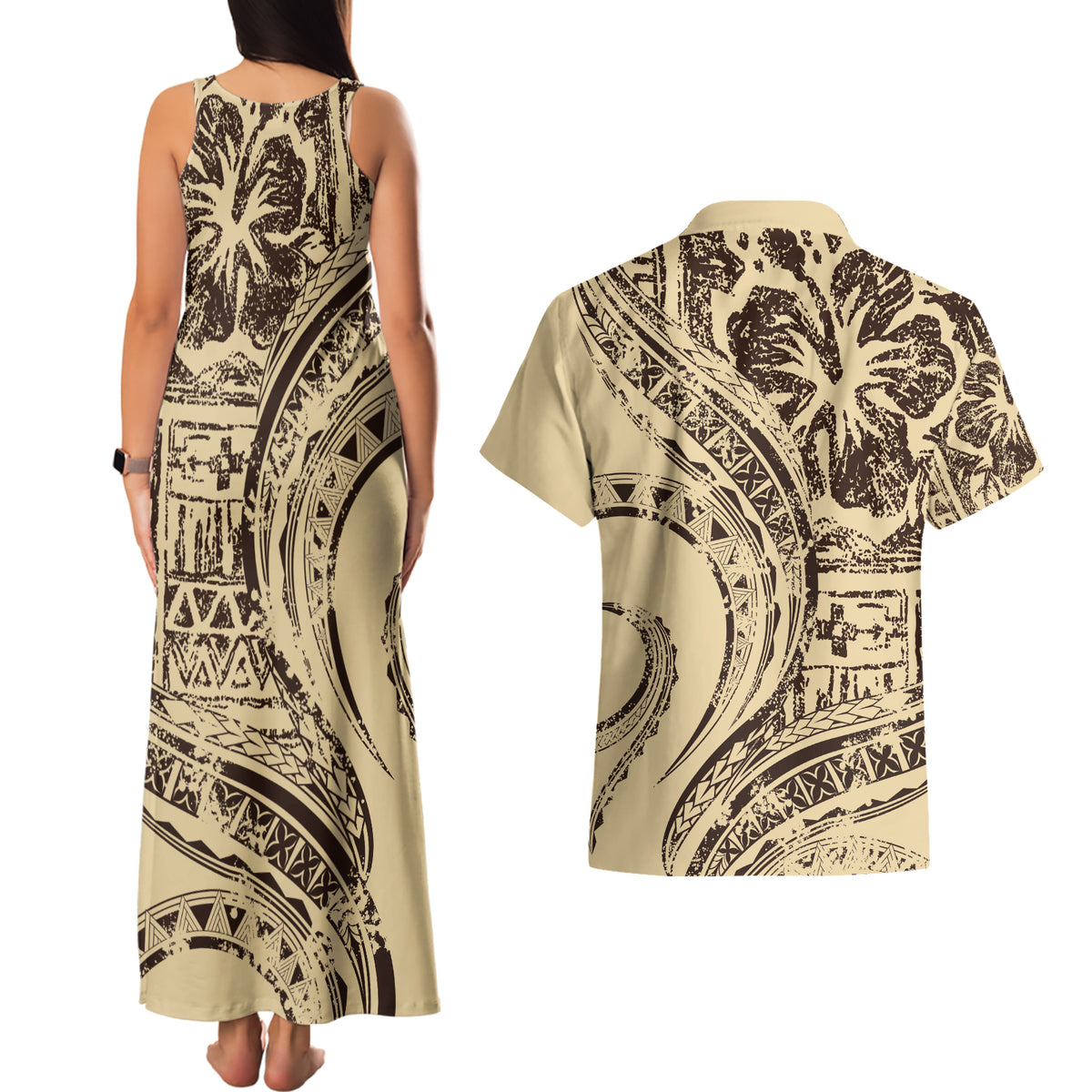 Hawaiian Hibiscus Tribal Vintage Motif Couples Matching Tank Maxi Dress and Hawaiian Shirt Ver 3