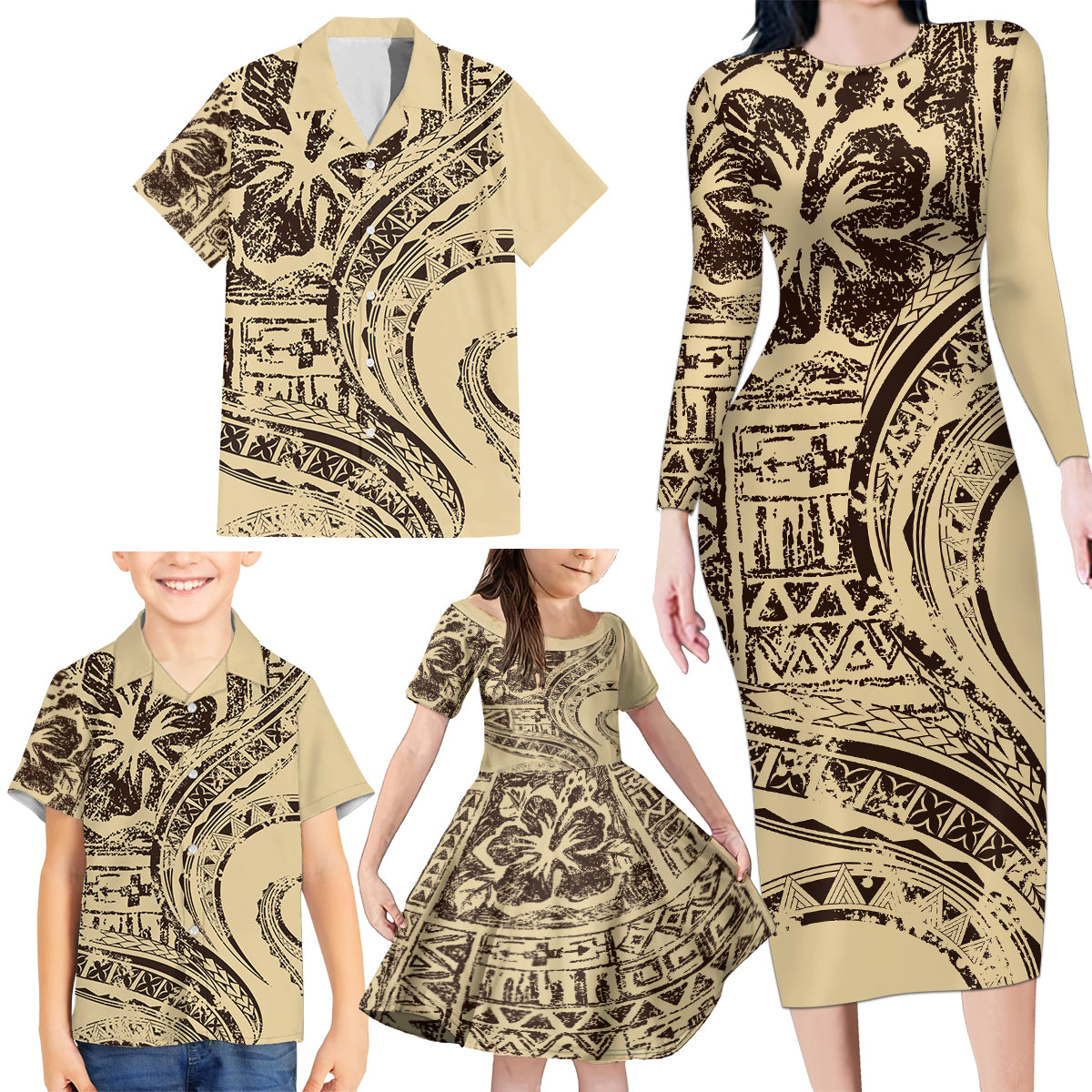 Hawaiian Hibiscus Tribal Vintage Motif Family Matching Long Sleeve Bodycon Dress and Hawaiian Shirt Ver 3 LT9 - Polynesian Pride