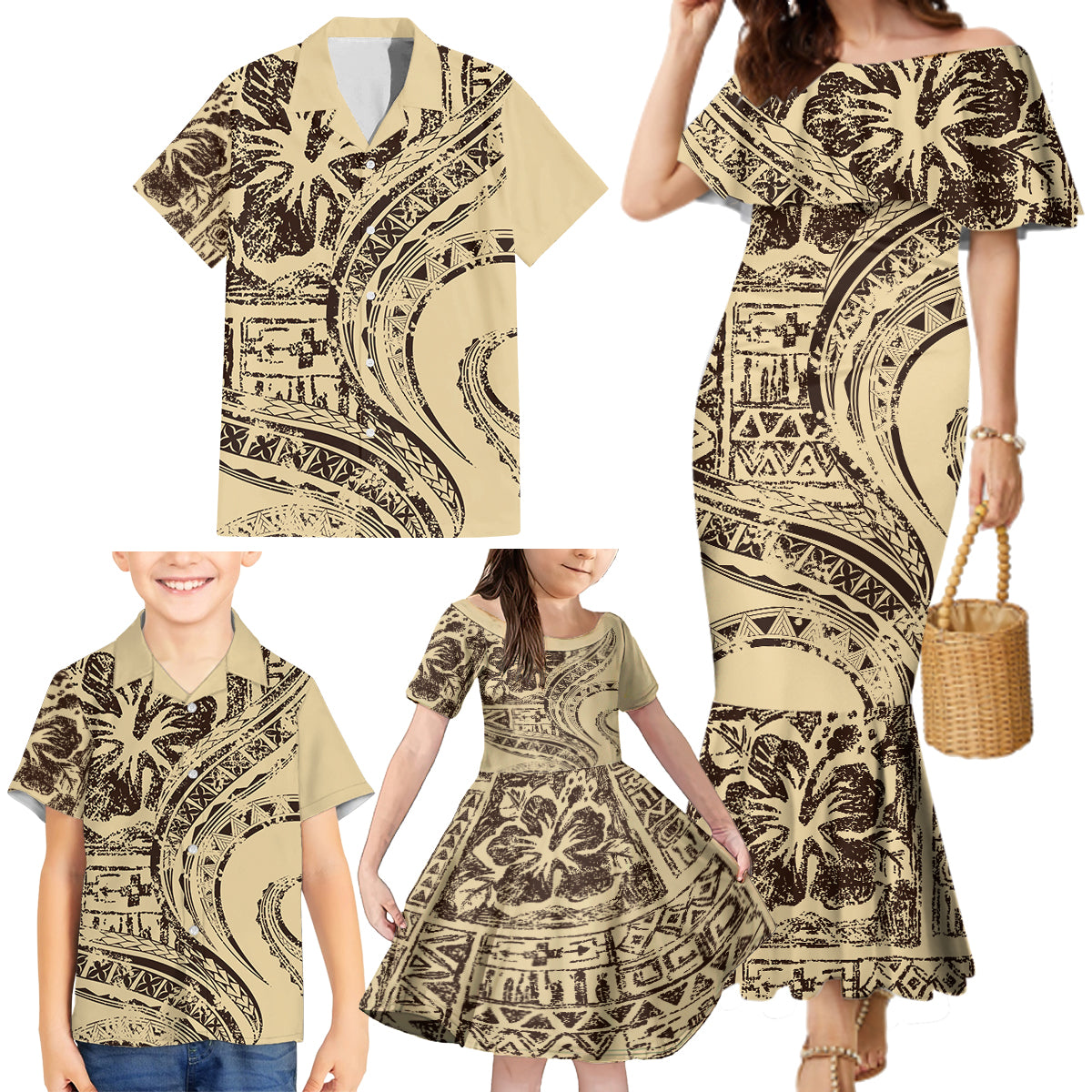 Hawaiian Hibiscus Tribal Vintage Motif Family Matching Mermaid Dress and Hawaiian Shirt Ver 3 LT9 - Polynesian Pride